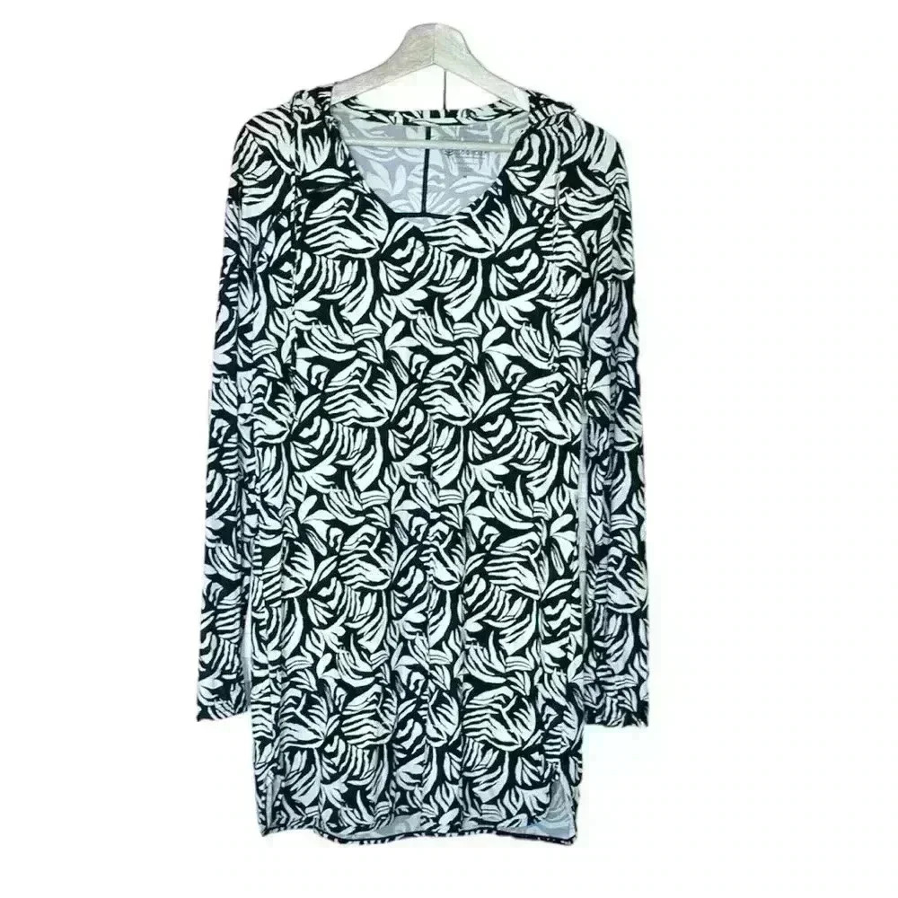 Coolibar Seacoast Swim Cover-Up with Hood Patterned | Black & White | SZ Mβ